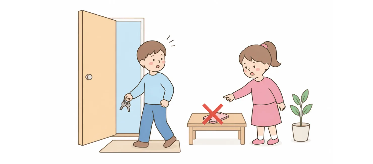 Boy entering through a door holding keys, while a girl points with surprise at an empty table, illustrating a question about where something was put