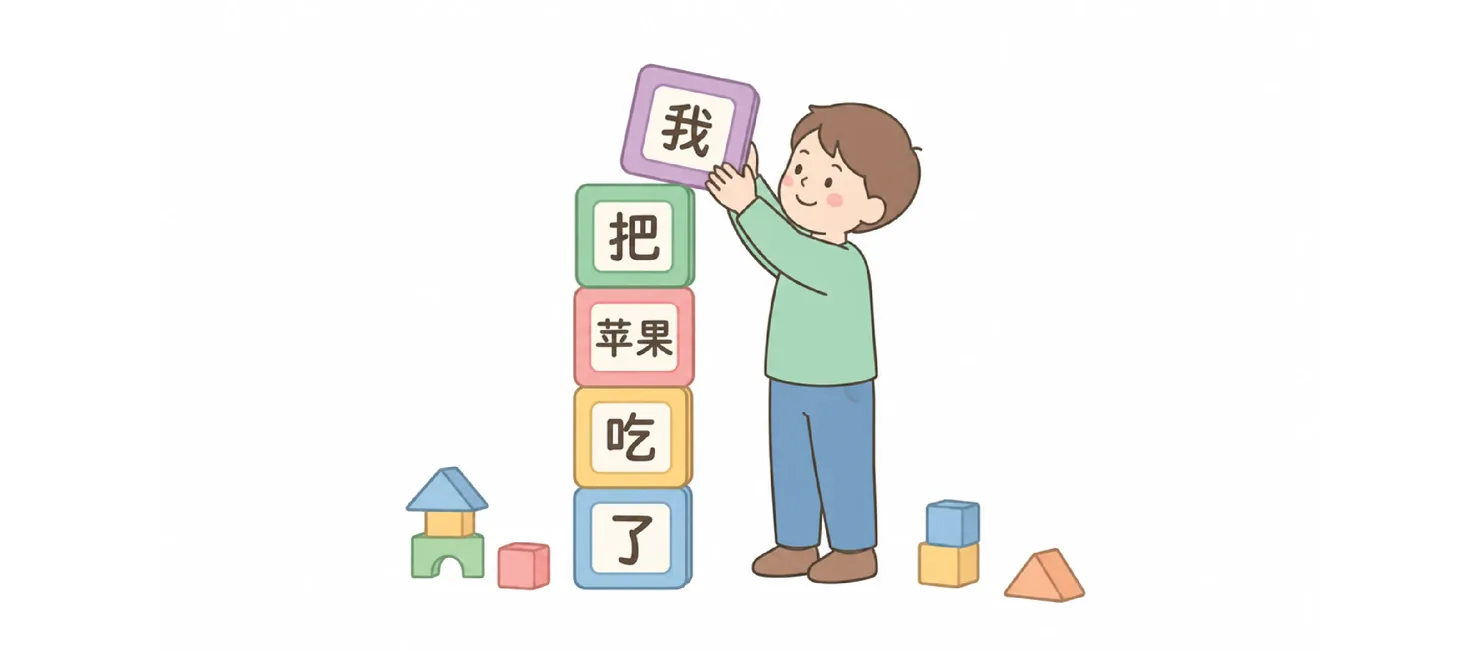 Child stacking building blocks labelled 我 / 把 / 苹果 / 吃 / 了, showing the word-order components of a 把 sentence