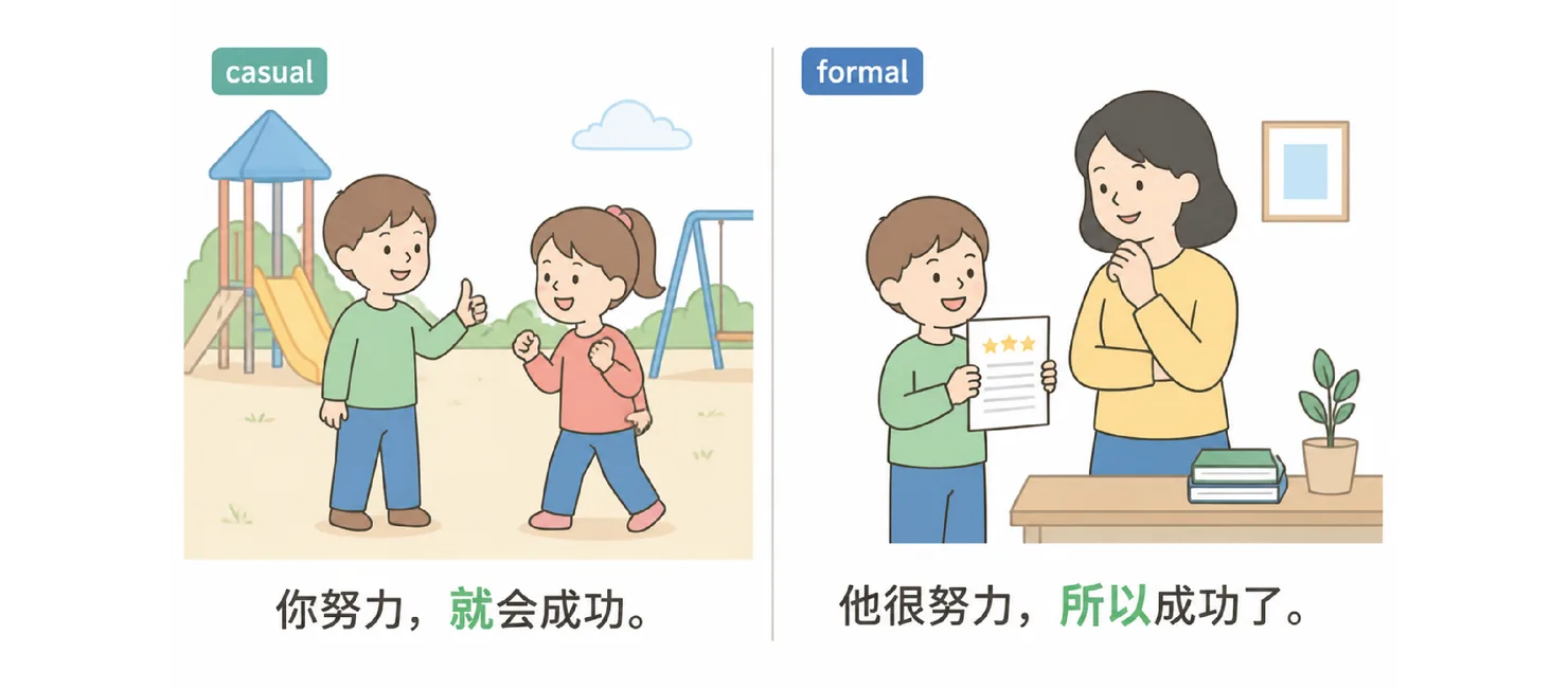 Two side-by-side scenes: casual (就 — you'll succeed if you work hard) vs formal (所以 — he worked hard, so he succeeded)