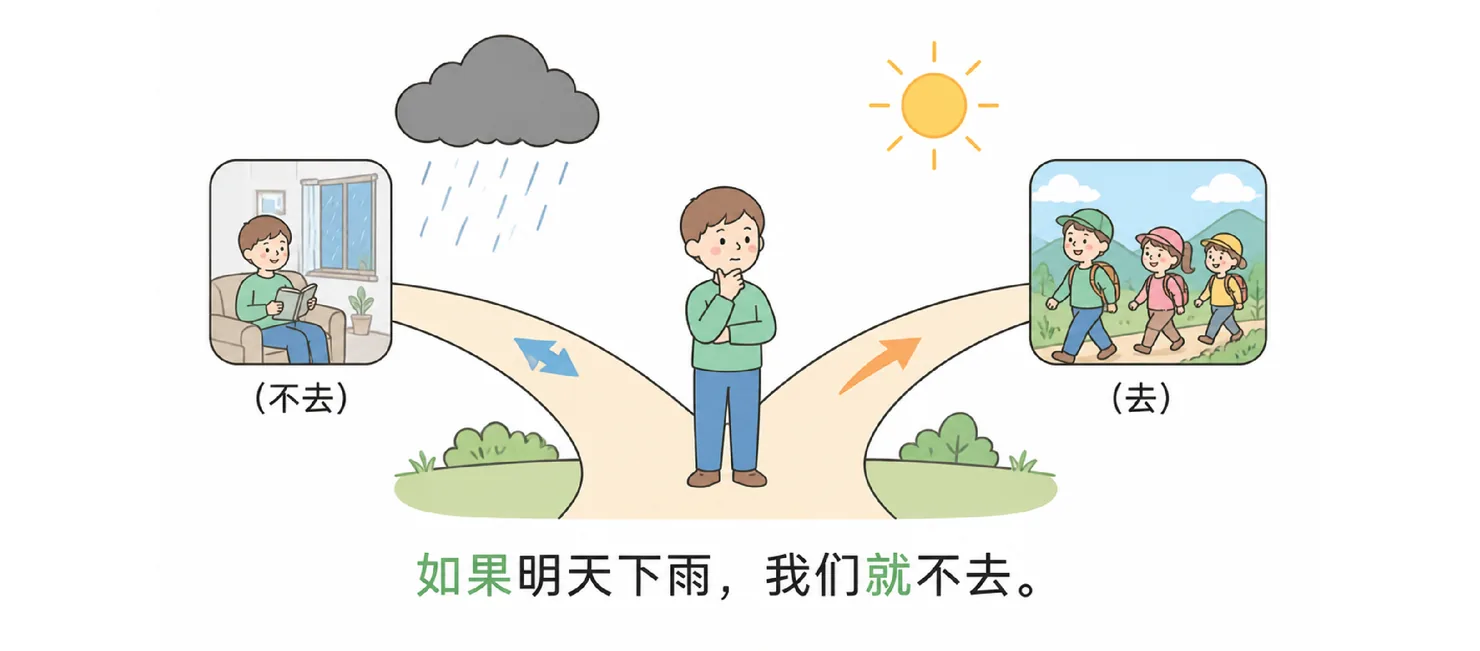 Forking path: rain cloud leads left to staying home (不去), sunshine leads right to going out with friends (去)