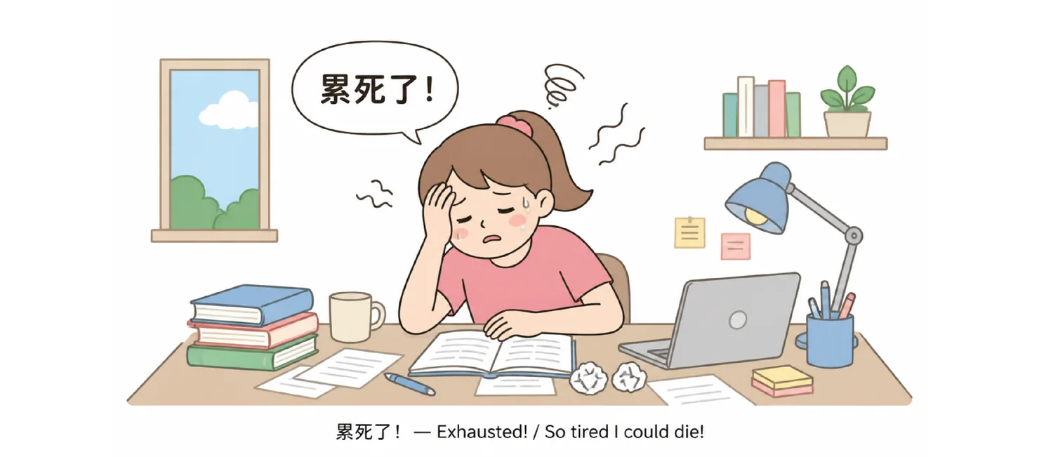A tired girl at a desk, saying 累死了！(exhausted!)