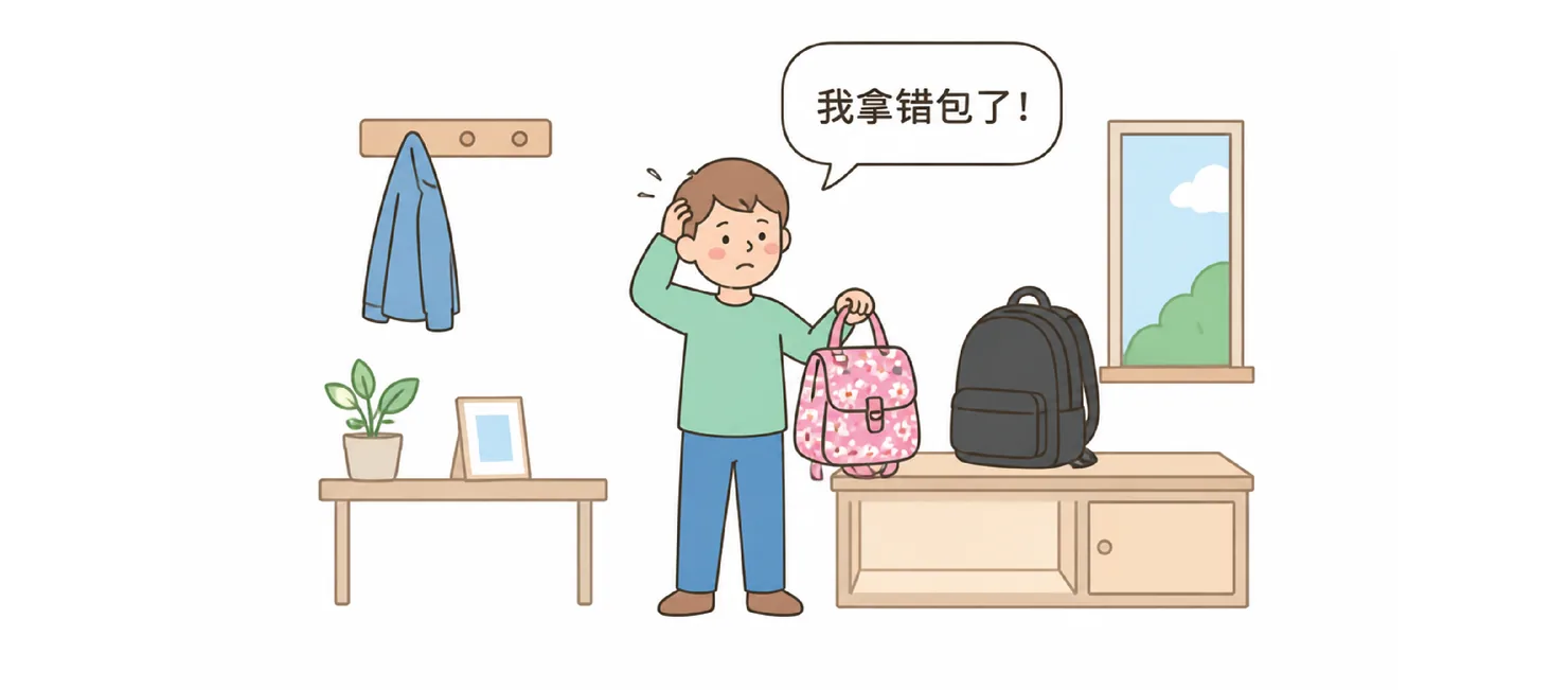 A boy in a hallway holding up a pink floral bag next to a black backpack, saying 我拿错包了！