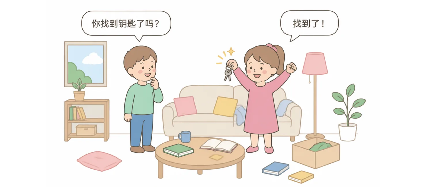 A boy asking 你找到钥匙了吗？and a girl holding up keys triumphantly answering 找到了！