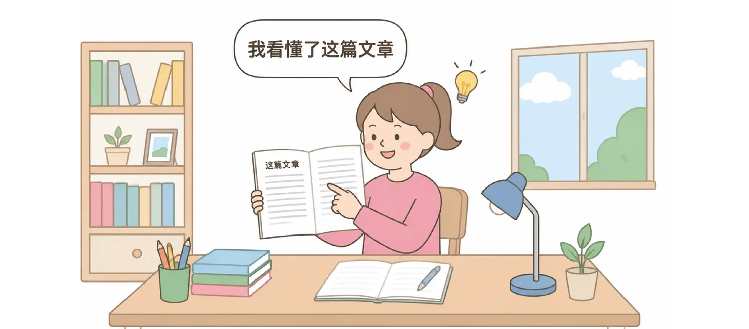 A girl at a desk holding up an article, saying 我看懂了这篇文章