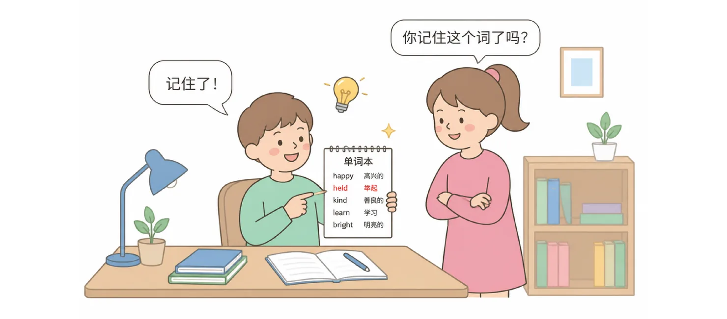 A boy pointing at a vocabulary notebook saying 记住了！while a girl asks 你记住这个词了吗？