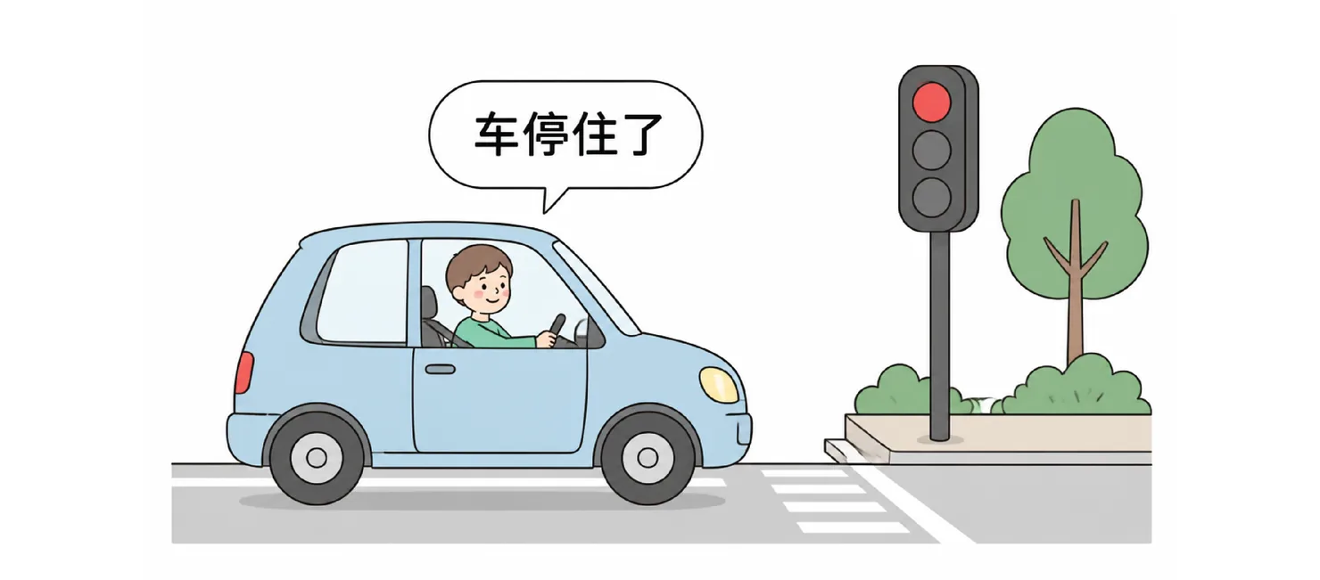 A blue car halted at a red light at a crosswalk, with 车停住了