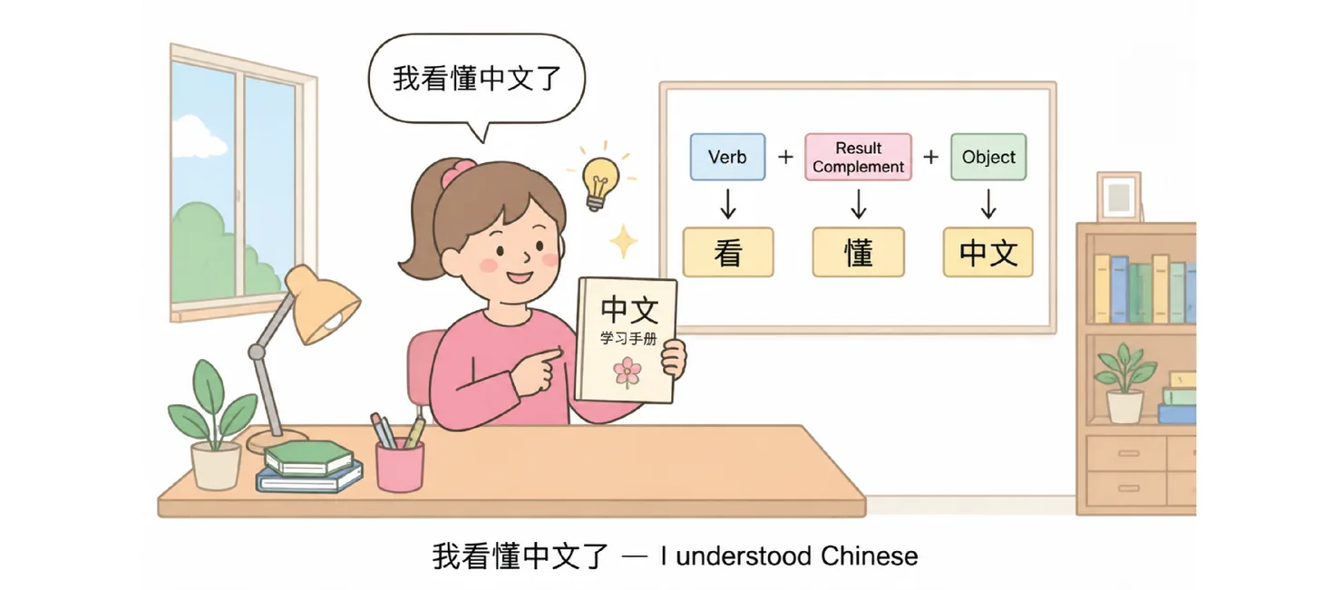 A learner holding a Chinese book, with a diagram: Verb (看) + Result Complement (懂) + Object (中文) → 我看懂中文了
